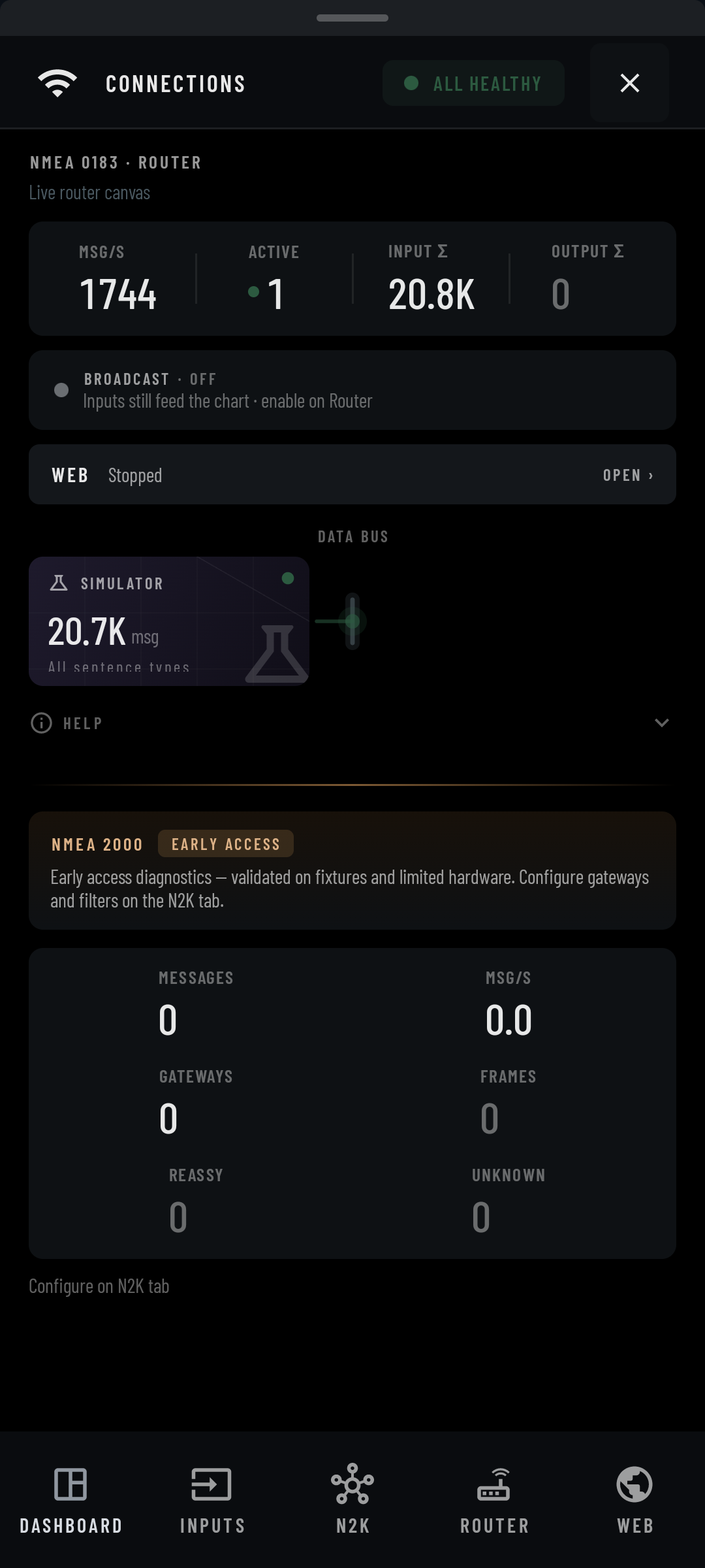Connections overview with one active simulator input, broadcasting off, web dashboard stopped and NMEA 2000 marked Early Access.