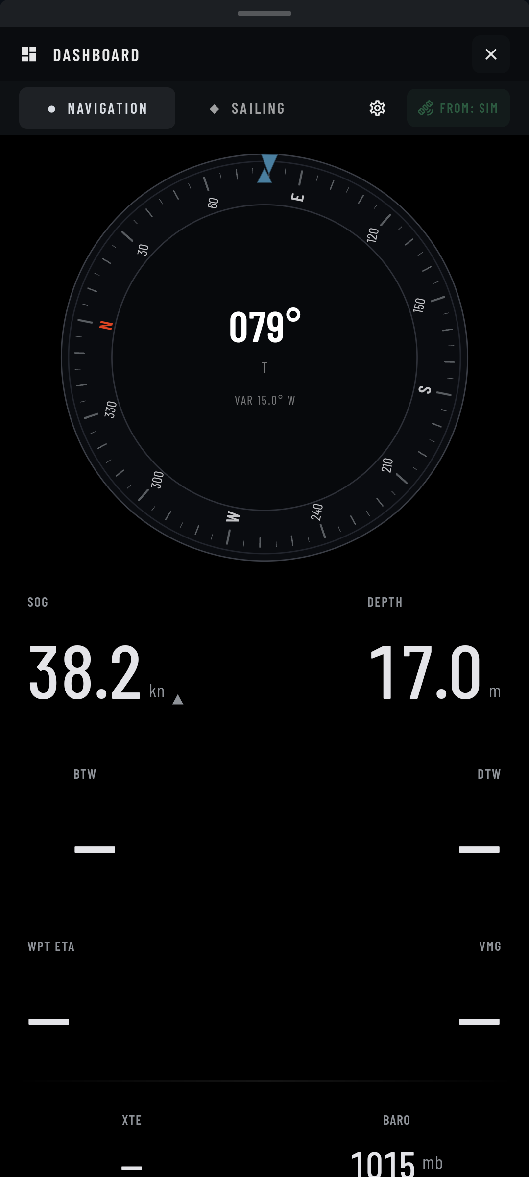 Navigation dashboard with a compass, speed and depth. Route-dependent values are blank and the source is SIM.