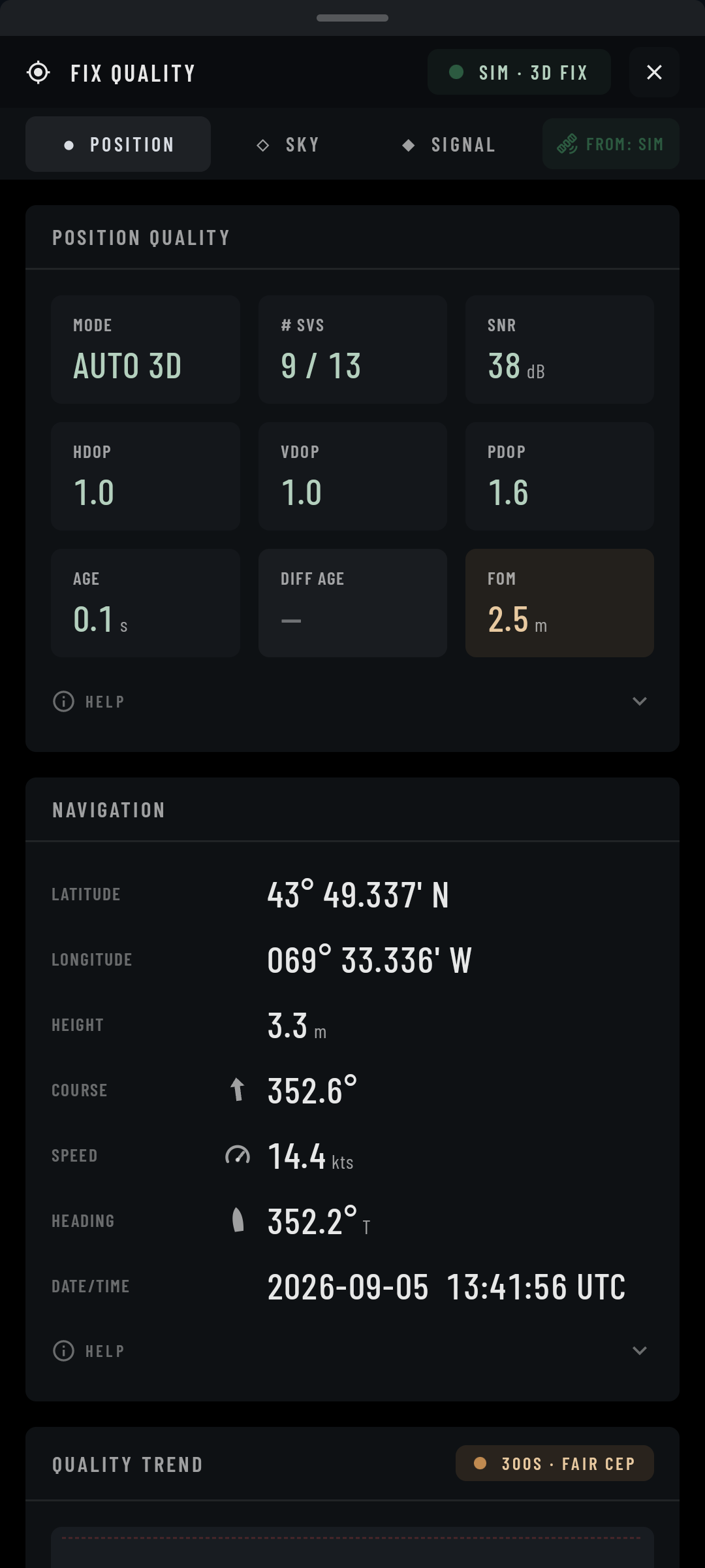 NVX Fix Quality page showing simulated position quality, satellite count, dilution of precision and navigation readings.