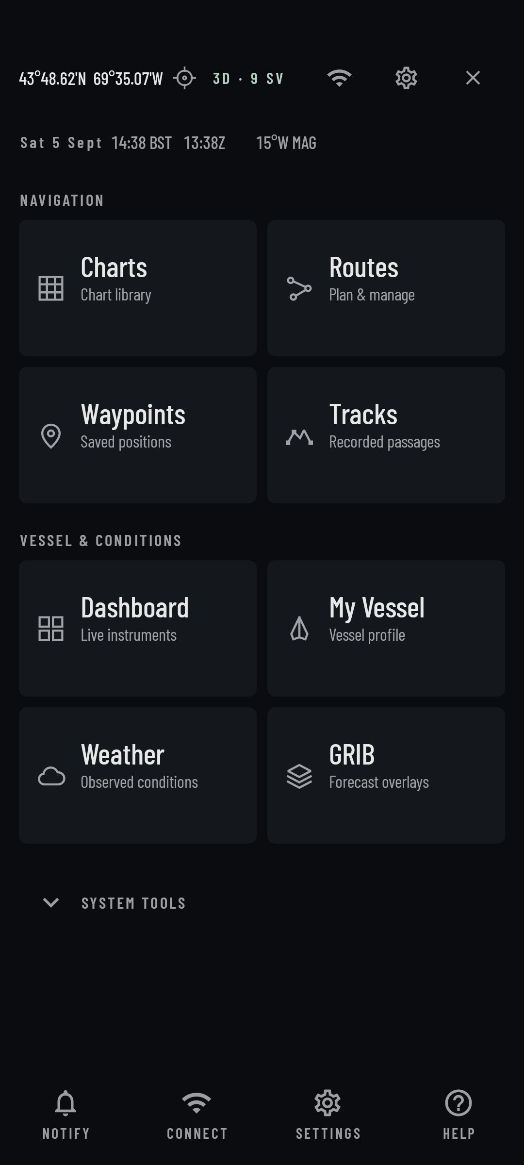 NVX menu with Charts, Routes, Waypoints, Tracks, Dashboard, My Vessel, Weather and GRIB destinations.